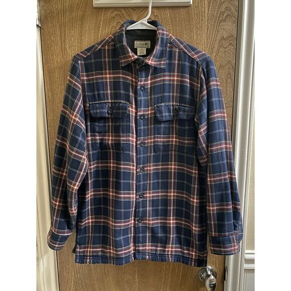 L.L. Bean Men's XS Fleece Lined Plaid Flannel Button Down Shirt Shacket Navy Red - Picture 1 of 15